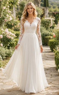 Romantic Long Sleeve Lace A Line Garden Elopement Bridal Gown