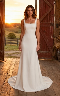 Minimalist Square Neck Satin Sheath Ranch Wedding Dress