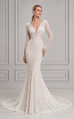Vestido de novia elegante de sirena con lentejuelas y mangas largas
