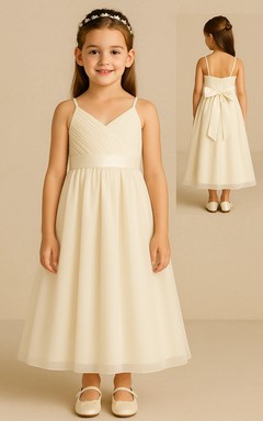 Adorable white Spaghetti A-line Flowergirl Dress with Bow