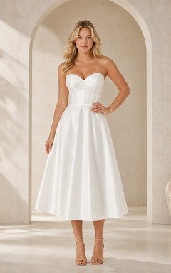Civil Strapless Sweetheart Satin A-Line Tea-Length Simple Courthouse Wedding Dress