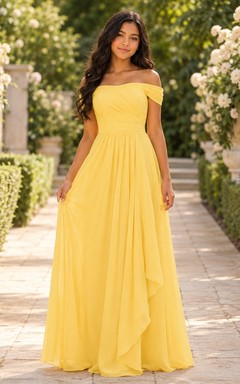 Vestido de dama de honor juvenil Daffodil, corte en A, hombros descubiertos, manga corta, drapeado, estilo romántico.