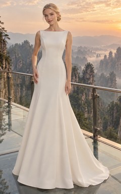 Vestido de novia sencillo y modesto, sin mangas, con escote barco y costuras princesa.