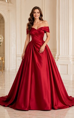 Rotes, schulterfreies, herzförmiges, plissiertes Luxus-Abendkleid aus Satin