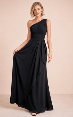 Vestido de noche formal moderno de gasa negra, asimétrico, plisado, de corte en A y largo hasta el suelo.