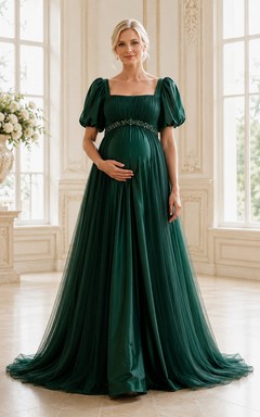 Dark Green Maternity Square Neck Puff Sleeve Empire A-Line Wedding Dress