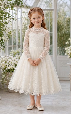 Schlichtes, hochgeschlossenes, langärmeliges Blumenmädchen-Gartenkleid aus Spitze und Tüll in Teelänge mit floralem Muster