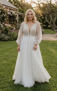 Plus Size Long Sleeve V-Neck Beaded Tulle A-Line Wedding Dress with Low V-Back