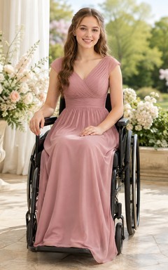 Perlmuttrosa Brautjungfernkleid, A-Linie, V-Ausschnitt, kurze Ärmel, Chiffon, schlicht