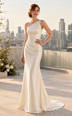 One Shoulder Satin Sheath Minimalist Civil Wedding Dress