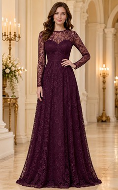 Plum Lace Illusion Long Sleeve A Line Formal Gown