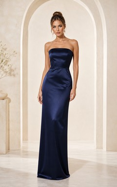 Dark Navy Strapless Satin Sheath Formal Dress