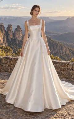 Schlichtes Brautkleid aus Satin mit eckigem Ausschnitt, breiten Trägern und schwungvoller A-Linie