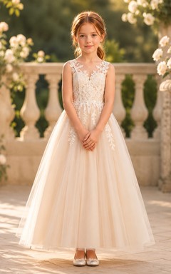 Blumenmädchenkleid aus elfenbeinfarbener Spitze und Tüll, A-Linie, Rundhalsausschnitt, Teelänge