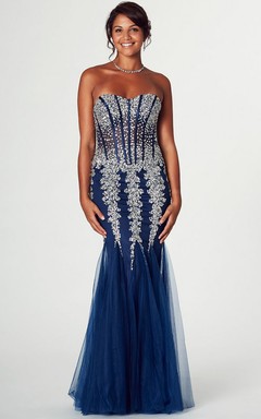 Maxi Mermaid Sweetheart Beaded Sleeveless Tulle Prom Dress
