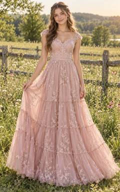 Country Dusty Rose Sweetheart Cap Sleeve Lace Tiered Sweet Sixteen Gown