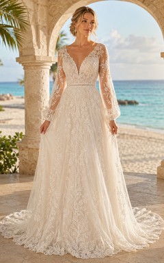 Boho Poet Sleeve Full Lace A-Line Resort Destination Wedding Dress
