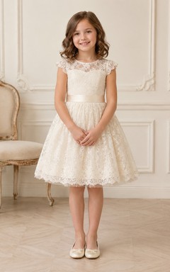 Cream Vintage Jewel Neck Cap Sleeve Lace A-Line Flowergirl Dress