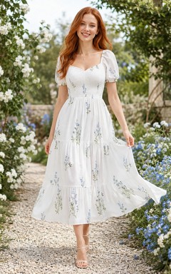 Robe vintage blanche à fleurs en mousseline de soie, col carré, coupe trapèze, manches bouffantes, longueur midi