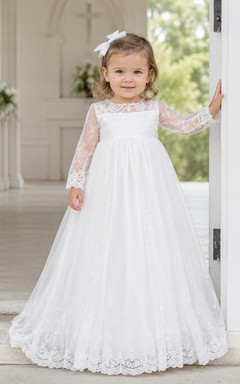 Langärmeliges Taufkleid mit Spitzenoberteil, A-Linie, Schleife am Rücken, schlicht