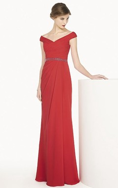 V Neck Cap Sleeve Chiffon Long Prom Dress With Beading Waist