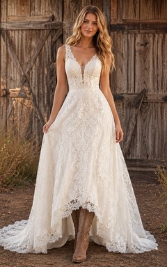 Robe de mariée de maternité, col V, manches longues en dentelle, coupe trapèze, traîne jardin