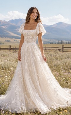 Country Lace Wedding Dress A-Line Sweetheart Flutter Sleeve Sweep Train Low V Back Bridal Gown