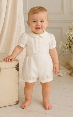 White Puff Sleeve Double Button Bib Christening Bubble Romper for Baby Boy