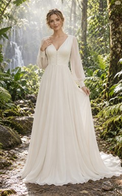 Chiffon-Brautkleid mit V-Ausschnitt, langen Ärmeln, geknöpftem Oberteil und A-Linien-Schleppe