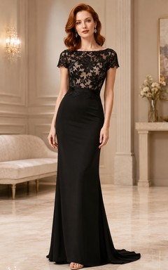 Black Floral Lace Short Sleeve Sheath Floor-length Elegant Evening Dress