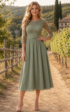 Vestido de campo de gasa de encaje con escote barco, mangas tres cuartos, corte en A y largo hasta la rodilla, color verde celadón toscano.