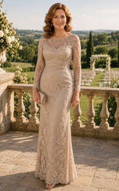 Champagnerfarbenes, tailliertes Pailletten-Spitzenkleid mit langen Ärmeln im Bateau-Stil