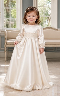 Round Neck Christening Gown A-Line Satin Lace Long Sleeve Sash Back