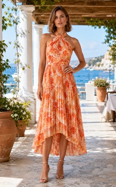 Orange Floral Halter Pleated High Low Midi Guest Dress