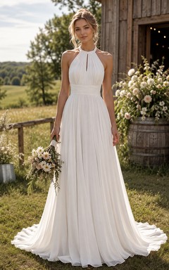 Halter A-Line Chiffon Country Wedding Dress with Open Back and Sweep Train
