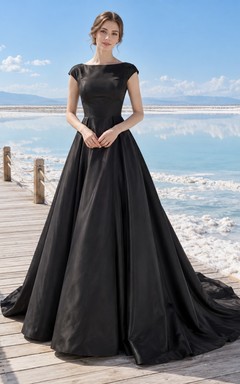 Simple Modest Black Jewel Cap Sleeve Taffeta Wedding Gown