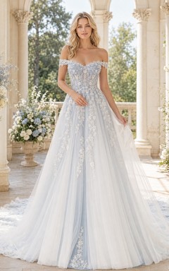 Himmelblaues, blühendes A-Linien-Brautkleid aus Spitze mit schulterfreiem Ausschnitt und kurzen Ärmeln – romantisches Brautkleid