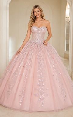 Blushing Pink Silver Luxury Strapless Mirror Sequin Embroidered Quinceanera Princess Ball Gown