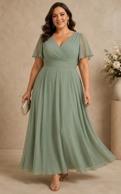 Plus Size Sage V-neck Flutter Sleeve Chiffon Tea-Length Dress