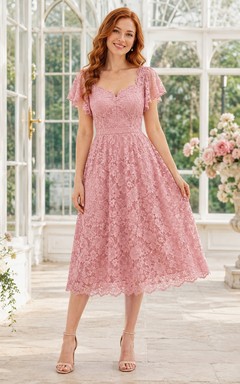 Pink Lace Scoop Neck Cap Sleeve A-Line Tea-Length Romantic Garden Guest Dress