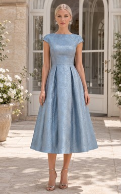 Steel Blue Bateau Cap Sleeve Floral Jacquard A Line Tea Guest Dress