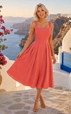 Modernes korallenfarbenes Cocktailkleid mit eckigem Ausschnitt, Trägern und A-Linien-Schnitt in Teelänge aus Satin