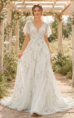 Celadon Floral Bridal A-Line V-neck Short Sleeve Chapel Train Romantic Elegant Gown
