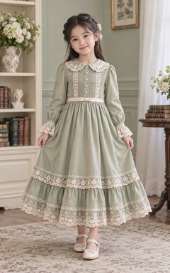 Knöchellanges, langärmeliges Vintage-Kleid in Salbeigrün mit A-Linien-Schnitt, Spitzenmanschetten, Peter-Pan-Kragen und Bündchen am Saum – ein perfektes Blumenmädchenkleid.