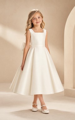 Modernes Blumenmädchen-Partykleid in A-Linie aus Satin mit eckigem Ausschnitt, ärmellos, teelang, mit Schleife