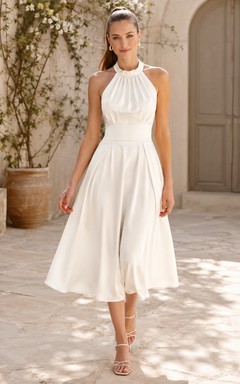 White Halter Pleated Satin A-Line Tea-Length Formal Dress
