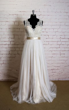 Sleeveless Queen Anne Neck A-Line Tulle Vow Renewal Dress With Satin Sash