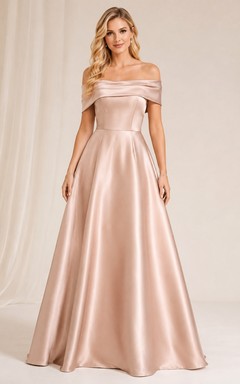 Pearl Pink Satin Off-the-shoulder A-Line Pleated Floor-length Romantic Formal Gown