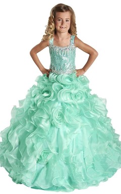 Ärmelloses A-Linien-Kleid mit eckigem Ausschnitt, Pailletten und Rüschen
