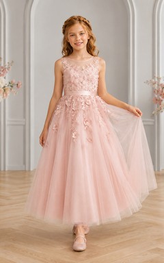 Blush Floral Applique Lace Tea-Length A-Line Flower Girl Garden Wedding Tulle Dress